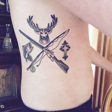 Fishing Rod Tattoo, Hunting Fishing Tattoo, Antler Tattoos, Hunter Tattoo, Hunting Tattoos, Country Tattoos, Couple Tattoos Unique, Cross Tattoos, Hunting And Fishing