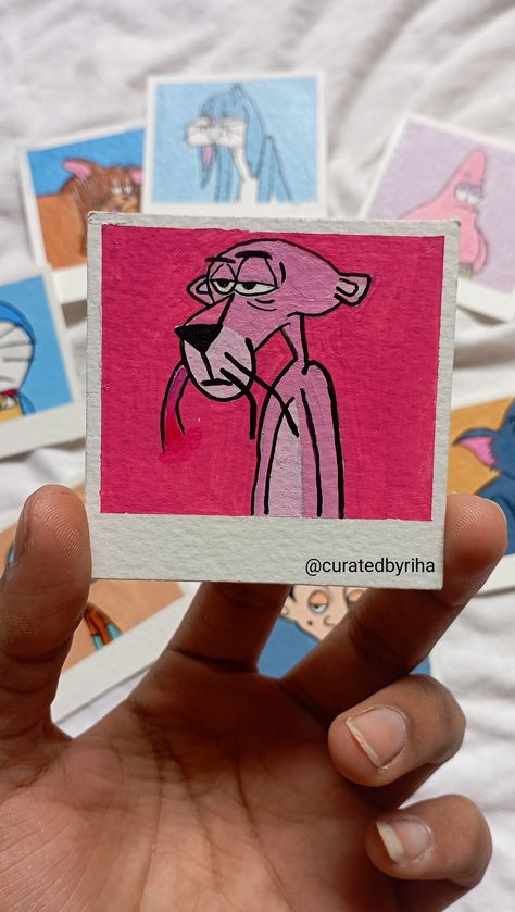 Pink panther cartoon polaroid series 💗🍭 Cartoon Polaroid, Polaroid Painting, Pink Panther Cartoon, Hipster Art, Drawing Ideas List, Meaningful Drawings, Easy Paper Crafts Diy, Cute Canvas Paintings, Scrapbook Book