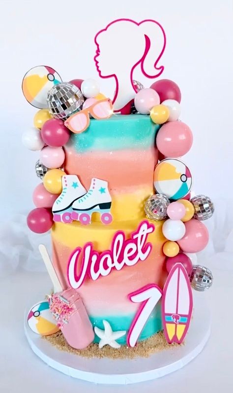 Malibu Barbie Birthday Party Cake, Outdoor Barbie Birthday Party, Disco Barbie Cake, Barbie Beach Cake, Retro Barbie Birthday Party, Malibu Barbie Cake Ideas, Barbie 10th Birthday Party, Malibu Barbie Birthday Cake, Barbie Pool Party Cake