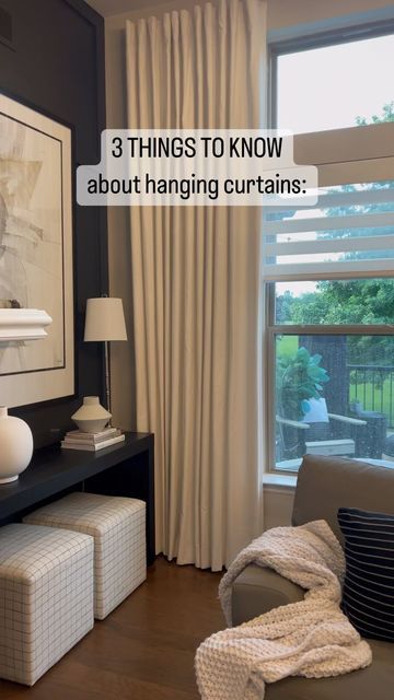 Holly Ortiz on Instagram: "Want your windows and room to appear larger? These are my favorite tips on how to hang curtains: 1. A common mistake in hanging curtains is to place the bar directly on top of the window trim. For all windows, rods should be placed at least 4-6” above trim. However, if your ceilings are higher, I like to place the curtains as close to the ceiling as possible (about 3-4”below ceiling or crown). 2. Make sure you aren’t using a rod that is too small and forces the cur Making Small Windows Appear Larger, Curtains For 3 Windows In A Row, Short Curtain Rods, Curtain Box, Craftsman Window Trim, How To Hang Curtains, Hanging Drapes, Garage Windows, Earth Tone Decor