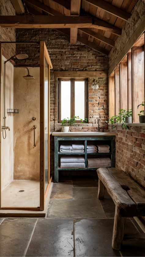 Simple Rustic Bathroom Ideas, Bathroom With Exposed Brick, Rustic Bathroom Tile Floor, Small Bathrooms With Shower Only, Vintage Bathroom Flooring, Hunting Cabin Bathroom, Moody Cabin Bathroom, Log Cabin Bathroom Ideas Rustic, Cabin Bathroom Floor