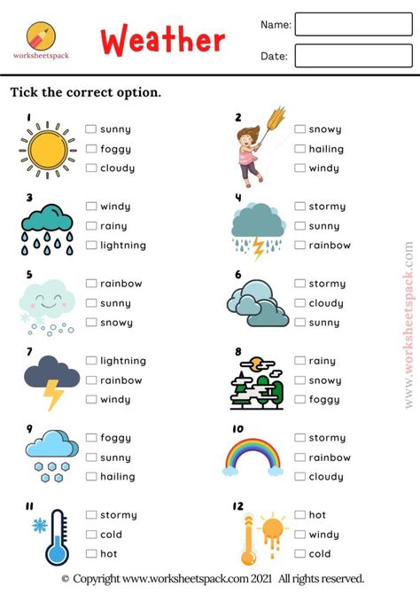 Weather Picture Quiz, ESL Vocabulary Test - Printable and Online Worksheets Pack Weather Vocabulary Worksheets, Esl Vocabulary Worksheets, Weather Pictures For Kids Free Printable, Worksheet For Grade 1, Esl Worksheets For Kids, Weather Worksheets For Kids, Tests For Kids, Learn English Kid, Weather For Kids