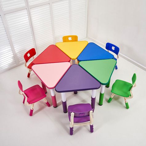 Colorful hexagonal table set of 6 wooden triangle table & 6 plastic chairs Table Chair For Kids, Preschool Desk, Nursery School Classroom, Kids School Desk, Preschool Interior, Study Table Chair, Kindergarten Tables, Preschool Tables, Kindergarten Furniture