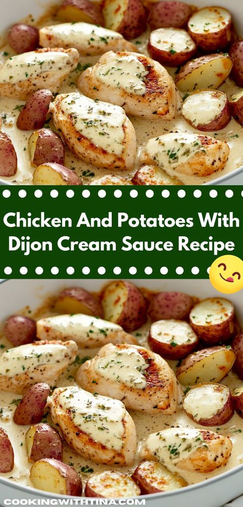 Craving comfort food? This Chicken and Potatoes with Dijon Cream Sauce is an easy dinner recipe that combines tender chicken and creamy sauce, perfect for busy nights when you want something hearty and satisfying. Creamy Chicken And Potatoes, Healthy Chicken Recipes For Dinner, Healthy Chicken Meals, Chicken Recipe For Dinner, Casserole Recipes Healthy, Dijon Cream Sauce, Chicken Casserole Recipes Healthy, Dijon Sauce, Lunch Foods