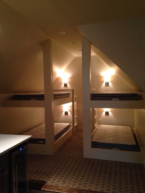 Final attic bunk beds from CJ Woodwork. Built In Bunk Beds Attic, Attic Bunk Room Ideas, Bunk Bed Rooms Slanted Ceiling, Attic Bedroom Bunk Beds, Bunk Beds In A Frame Room, Bunk Beds With Slanted Ceiling, Bunk Beds In Attic, Slanted Ceiling Bunk Beds, Built In Bunk Beds Sloped Ceiling