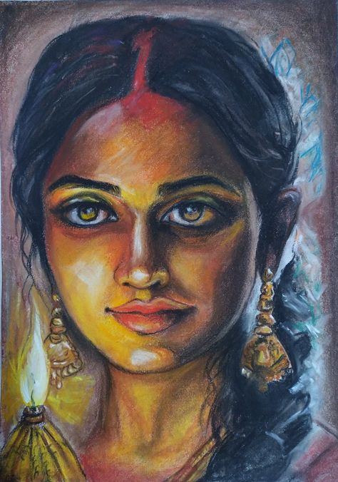 Beautiful Indian women portrait drawing using soft pastels Portrait With Oil Pastel, Soft Pastel Sketches, Oil Pastel Face Drawing, Painting Ideas Oil Pastels, Oil Pastel Portrait Faces, Oil Pastel Face Portraits, Soft Pastel Art Portraits, Pastel Painting Aesthetic, Women Portrait Drawing