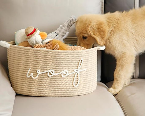 Store your dog toys in style with CIKI HOME Cotton Rope Toy Storage Bin. It’s expertly handcrafted with coiled rope for a charming appeal, The storage bin box is designed with side handles to make carrying a hassle-free experience. Ideal for Pet toy basket, Laundry basket, toys, blankets, clothes, bags, throws, cushions, magazines. This dog toy basket is not only the place to keep your pet’s toys, but it can also be used for children’s toys and other belongings too! #ad Cute Dog Toy Basket, Dog Toys Aesthetic, Dog Toy Organization, Toys Aesthetic, Storage Baskets Diy, Toy Baskets, Dog Toy Box, Diy Toy Storage, Toy Bin