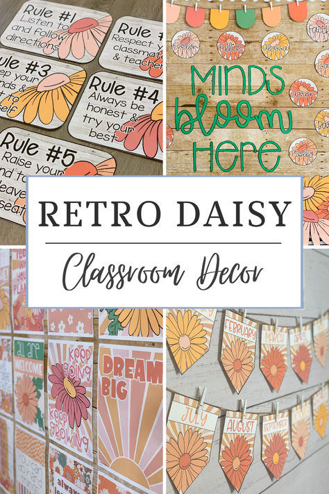 This classroom décor bundle will go perfectly in a retro daisy or floral themed classroom. I think it would also look great with neutral or shiplap decor!  #daisydecor #daisyclassroom #floralclassroom #floralclass #retroclass #retroclassroom #classdecor #classroomdecor #daisyclassdecor #daisydecor #retrodaisy #retrodaisydecor Classroom Retro Theme, Wildflowers Classroom Theme, Daisy Classroom Decor, 2024 Classroom Themes, Wildflower Classroom Theme, Flower Theme Classroom, Classroom Theme Decorations, Flower Classroom Theme, Floral Classroom Theme