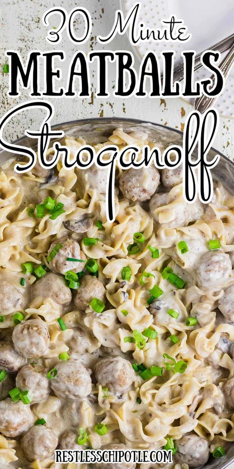 Meatball stroganoff is a creamy family meal that takes just 30 minutes or less! It has all the flavor of the classic beef stroganoff but it's super easy to make. One pot meal and slow cooker instructions included. Meatball Mushroom Stroganoff, Meatball And Mushroom Recipes, Meatball Stroganoff With Cream Of Mushroom Soup, Meatball And Egg Noodle Recipes, Cream Of Mushroom Meatballs Crockpot, Meatballs With Cream Of Mushroom Soup, Meatball Stroganoff Crockpot, Meatballs Egg Noodles, Meatball Stroganoff Recipe Easy