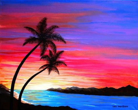 Southwest Landscapes "Tropical Sunset" acrylic on canvas. 16 x 20 in. Art Glow, Incredible Nature, Sunset Painting Acrylic, Easy Landscape Paintings, Independent Study, Sunrise Painting, Tropical Sunset, Easy Canvas, Scenery Paintings