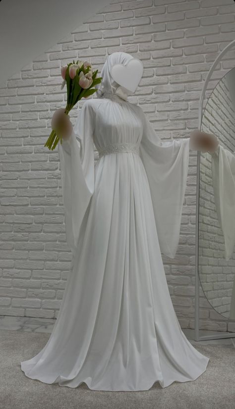 Islamic Engagement Dress, Muslimah Wedding Dress Brides Hijab Styles, Modest Wedding Dresses Hijab, Hijabi Wedding Dress Simple, Hijabi Engagement Dress, Engagement Dress Modest, Muslim Nikah Dresses, Abaya Wedding Dress, Wedding Dress Islamic