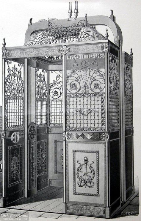 Going up in style: 20 gorgeous ornate antique elevators- #vintageelevators #victorian #elevators #buildings #vintagearchitecture #metalwork #ornate #ironwork #antiques #clickamericana Antiques Repurposed, Elevator Interior, Budget Remodel, Elevator Design, Antique Aesthetic, Take The Stairs, Antique Illustration, Vintage Office, Metal Panels