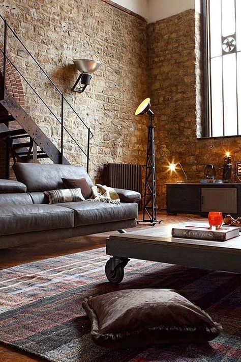 50 Most phenomenal industrial style living rooms Rustic Industrial Living Room, Room Decor For Men, Industrial Living Room Design, Industrial Style Living Room, Industrial Living, Industrial Livingroom, Industrial Interior Design, Exposed Brick Walls, Rustic Living