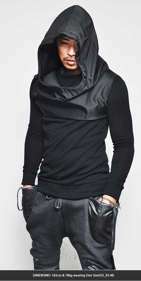 Tops :: Hoodies :: Oversized Big Hood Contrast Slim Pullover-Hoodie 55 - Mens Fashion Clothing For An Attractive Guy Look Mens Cyberpunk Fashion, Cloth Reference, Dystopian Cyberpunk, Dystopian Fashion, Venom Comics, Cyberpunk Clothes, Apocalyptic Fashion, Black Hoodie Men, Tactical Clothing