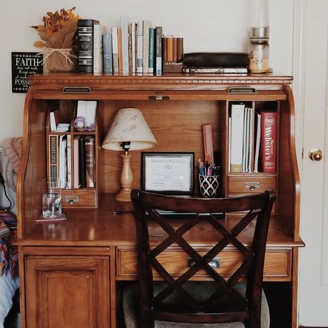 Styling A Roll Top Desk, Roll Top Desk Aesthetic, Roll Top Desk Decorating Ideas, Roll Top Desk Decor, Roll Up Desk, Cottage Desk, Rolltop Desk, Vintage Writing Desk, Roll Top Desk