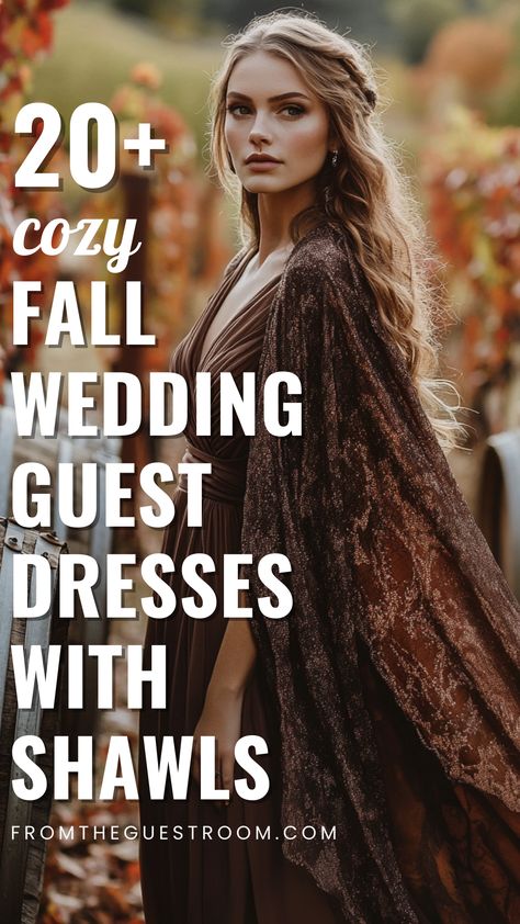 a woman wears fall wedding guest dress with shawl Wedding Guest Dress Cold Weather, Montana Wedding Guest Outfit, Wedding Guest Dress Cold, Morning Wedding Outfit Guest, Cold Weather Wedding Outfit Guest Classy, Wedding Guest Looks Fall, Dresses With Shawls, Wedding Guest Dress For Fall, Dress Cold Weather