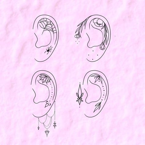 Pretty Ear Tattoos For Women, Inner Ear Tattoos For Women Flower, Halloween Ear Tattoo, Spooky Ear Tattoo, Elf Ear Tattoo, Wrap Around Ear Tattoo, Henna Ear Tattoo, Ear Tattoo Inner Mandala, Celestial Ear Tattoo