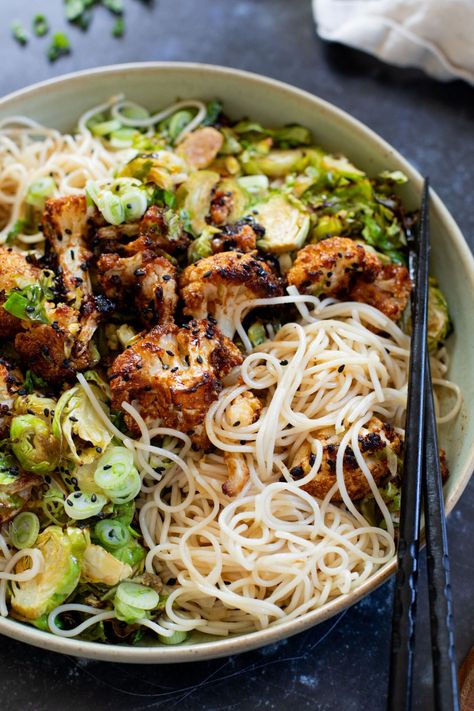 Hoisin Cauliflower & Coconut Rice Noodles - This Savory Vegan Hoisin Cauliflower And Coconut Rice Noodles, Dishes With Brussel Sprouts, Cauliflower Brussel Sprouts Recipes, Cauliflower Recipes Salad, Hoisin Cauliflower, Brussel Sprout Bowl, Cauliflower Vegan Recipes, Cauliflower And Brussel Sprouts, Riced Cauliflower Recipes