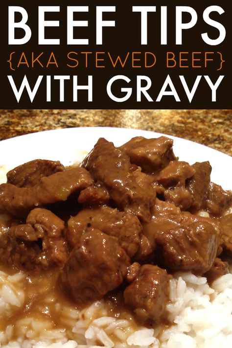 Stewed Beef (Beef Tips) with Gravy | A tried-and-true family recipe for stew beef or beef tips slow-cooked until tender with a rich gravy served over rice or noodles. #beeftips Beef Tips Crock Pot Recipes Onion Soup, Beef Tips Onion Soup Crock Pot, Stewed Meat Recipes Crock Pot, Beef Tips Over Rice Crock Pots, Instant Pot Stew Meat And Gravy, Stew Meat Rice And Gravy, Lipton Onion Soup Mix Beef Tips, All Meat Stew Recipes, Beefy Onion Soup Mix Gravy