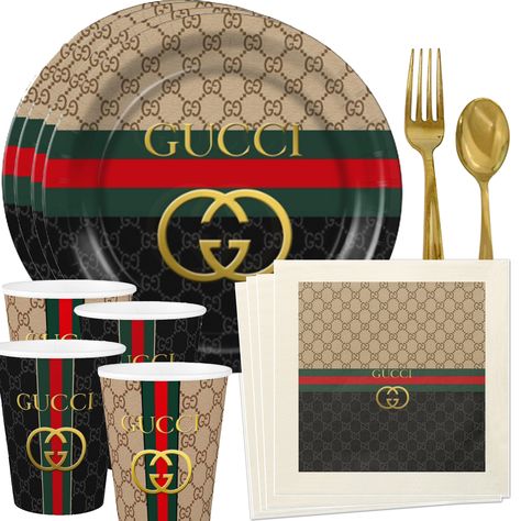 Check out our Gucci inspired custom dinner plates and napkins only at mycustompartybox.com where you can find the very best in unique party supplies. Gucci Party Decorations, Burberry Birthday, Gucci Stuff, Louis Vuitton Birthday Party, Louis Vuitton Birthday, Gucci Party, Gucci Cake, Brand Party, Gucci Inspired