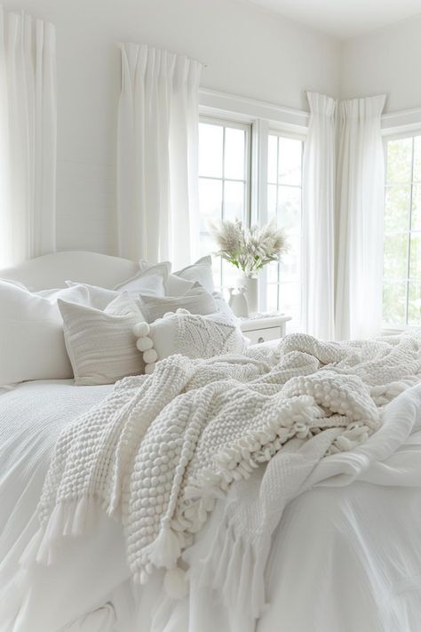 40 Neutral Bedroom Ideas To Create a Chic Retreat White Bedding Ideas Pop Of Color Cozy, How To Style White Comforter, Modern Bedrooms Luxury, Cream And White Bedroom Neutral Tones, White Bedroom Ideas Minimalist, Bed Aesthetic White, White Bedroom Ideas Aesthetic, White Quilt Bedroom Ideas