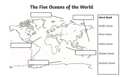 Oceans Of The World Worksheet, Five Oceans Of The World, Ocean Worksheets For 2nd Grade, 5 Oceans Of The World, Oceans Worksheet, Oceans Map, Ocean Lessons, Ocean Worksheets, Ocean Activities Preschool