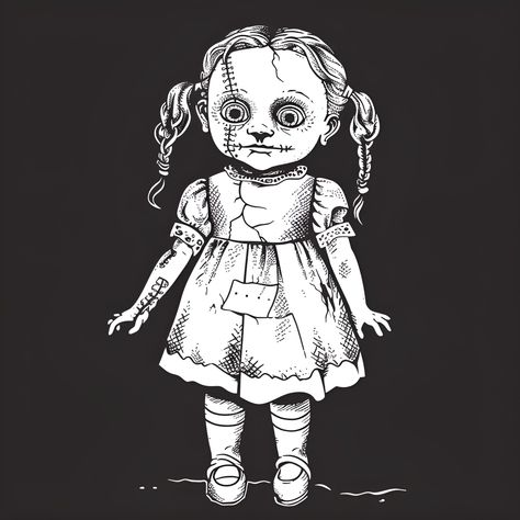 Scary Creepy Doll with Haunting Expression (free printable PDF black-and-white line drawing idea suitable for all, from beginners to advanced learners, including children, teens, adults, and seniors) Scary Doll Drawing, Scary Drawing Ideas, Easy Hair Drawings, Easy Butterfly Drawing, Thanksgiving Drawings, Easy Dragon Drawings, Scary Alien, Happy Birthday Drawings, Scary Bat