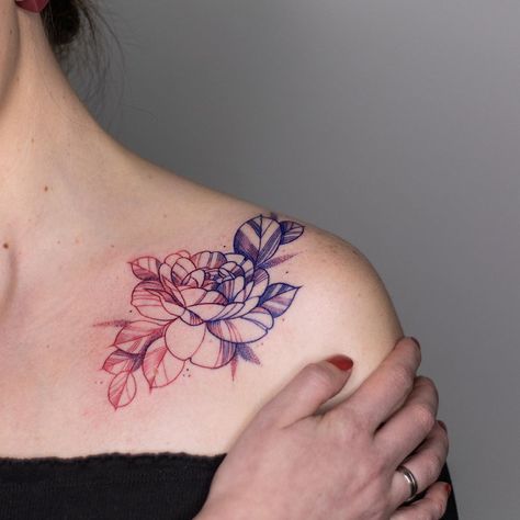 Red White And Blue Tattoos For Women, Blue And Red Tattoo, Red And Blue Tattoo, Blue Flower Tattoos, Brown Tattoo Ink, Red Flower Tattoos, Blue Ink Tattoos, Brown Tattoo, Browning Tattoo