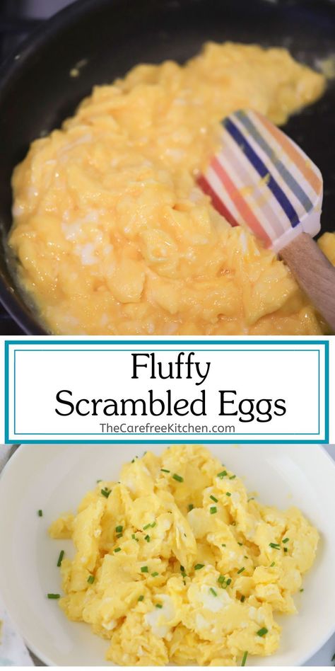 Here's how to make fluffy scrambled eggs every time in about 5 minutes. Follow these three tips to become a scrambled egg master. Learn how to make creamy eggs, what to do with leftovers, and the best mix-in ingredients. Ihop Scrambled Eggs Recipe, How To Make Fluffy Eggs, How To Make Scrambled Eggs, Fluffy Eggs Scrambled, Scrambled Eggs With Cream, Scrambled Egg Recipes, Best Scrambled Eggs, Diner Food, French Toast Muffins