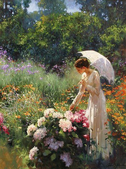 ''Walk in the garden'' Richard S Johnson Richard S Johnson, Art Amour, Tableau Art, Paintings I Love, Gorgeous Gardens, Romantic Art, Classical Art, The Grass, Manga Drawing