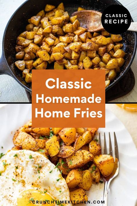 Home fries are a breakfast staple but getting the balance right between tender potatoes and crispy edges can be tricky. Here's the full-proof way to make them! crunchtimekitchen.com #breakfast #brunch #homefries #potatoes #crispypotatoes Homemade Home Fries, Eggs And Potatoes, Crispy Breakfast Potatoes, Fries At Home, How To Make Home, Homemade Home, Fried Breakfast, Hashbrown Recipes, Home Fries