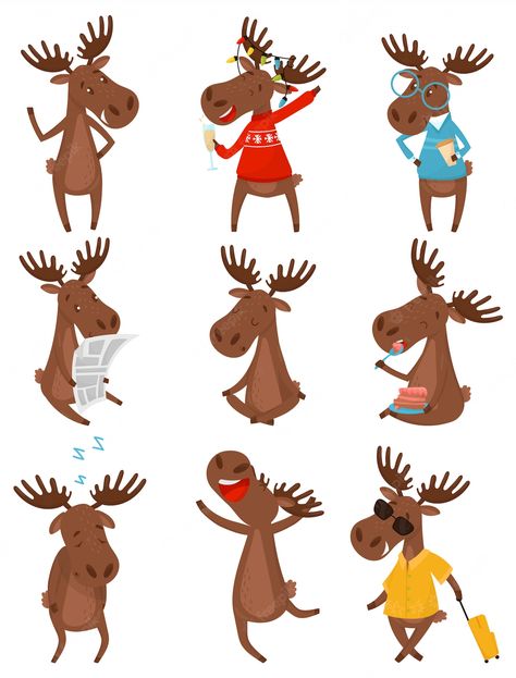 Moose Logo Design, Moose Cartoon, Moose Illustration, Fauna Illustration, Autumn Animals, Deer Illustration, Funny Santa Claus, Christmas Moose, American Animals