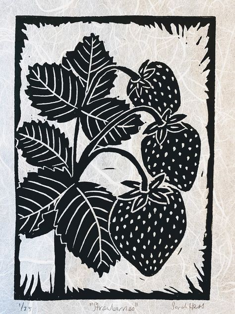 "Say hello to this fun Strawberries linocut print! The print measures 5\"x7\" and comes matted in a premium white 8\"x10\" mat. This artwork has been hand inked and hand pressed. All prints are signed and numbered in this limited black & white edition. This piece is printed on a Japanese paper called Unryu, which means \"Cloud Dragon Paper.\" This paper is made by adding long fibers to a kozo paper pulp, the swirling fibers create a cloud like effect. Unryu paper is white and translucent, yet st Print Making Designs, Cloud Dragon, Dragon Paper, Woodcut Art, Relief Printmaking, Linoleum Print, Linoleum Block Printing, Linocut Printmaking, Lino Art