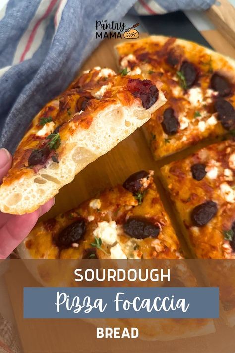 This is the best combination of sourdough focaccia bread and your favorite pizza toppings! Baked in a cast iron skillet, this sourdough pizza focaccia bread is a recipe you need to have on hand the next time hunger strikes! Foccacia Bread Pizza, Sourdough Foccacia Bread, Pantry Mama Sourdough, Pantry Mama, Pizza Focaccia, Tomato Pizza Sauce, Sourdough Focaccia, Easy Sourdough Bread Recipe, Foccacia Bread