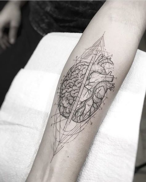 Heart Brain Tattoo Anatomy Tattoo, Science Tattoo, Minimalist Tattoo Meaning, Brain Tattoo, Heart And Brain, Medical Tattoo, Typography Tattoo, Girls With Sleeve Tattoos, Tattoos Mandala