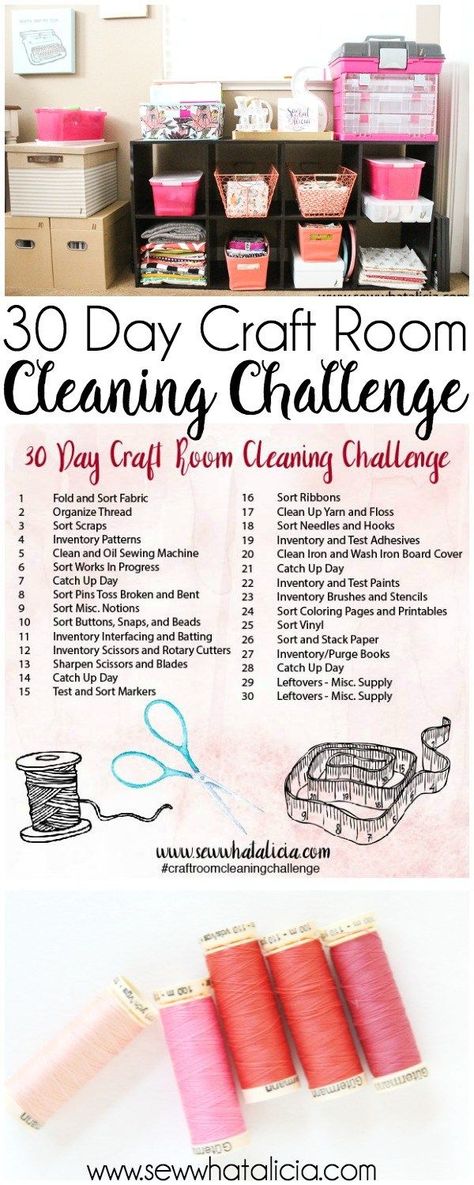 30 Day Craft Room Cleaning Challenge Prompts: Get your craft room organized in 30 days with these small and easy steps. Click through for the full list of actionable items! | www.sewwhatalicia.com Decluttering Craft Room, Craft Room Organization Armoire, Room Cleaning Challenge, Ribbon Organization, Room Cleaning, Deep Cleaning Hacks, Cleaning Challenge, Dream Craft Room, Craft Space