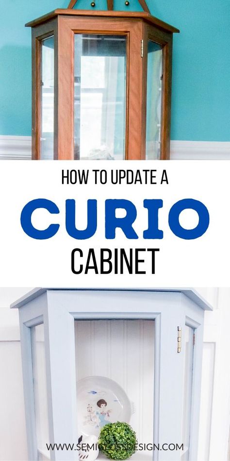 How To Redo Curio Cabinets, Upcycled Display Cabinet Ideas, Curio Cabinets Displays, Update A Curio Cabinet, Old Display Cabinet Makeover, Curio Cabinet Repurposed, Makeover Curio Cabinet, Glass Curio Cabinets Makeover, Refurbish Curio Cabinet Ideas