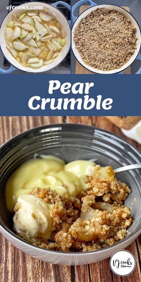 An easy and comforting recipe for pear crumble. I've cooked the pears in butter and brown sugar to give them a lovely caramel flavour. We have a beautiful recipe for Apple Crumble on the website, but it's so good to finally add this recipe to the collection. You might think a crumble can be served with custard OR ice cream. But I'm here to say - serve it with both! #VJcooks #pearcrumble #dessert Pear Crisp With Canned Pears, Pear Dessert Recipes Easy, Easy Pear Recipes, Recipe For Apple Crumble, Carmelized Pears, Asian Pear Recipes, Pear Crumble Recipe, Pear Dessert Recipes, Vj Cooks