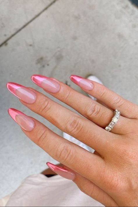 35+ Summer Acrylic Nail Ideas, pink french tip nails, french tip nails, pink french tip, glazed nails, glazed donut nails French Nails Glazed Donut, Glazed Pink French Nails, Pink French Pearl Nails, Pink Glazed Donut Nails French Tip, Pink Nails Metallic, Simple Bday Nails Almond, Colored Glazed Nails, Hot Pink French Tip Nails Almond Long, French Donut Glaze Nails