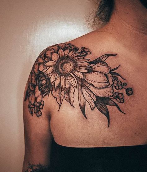 Top 100 Best Flower Shoulder Tattoos For Women - Floral Female Design Ideas Sunflower Chest Tattoo Female, Flower Shoulder Tattoos For Women, Top Of Shoulder Tattoos For Women, Sunflower Shoulder Tattoo, Flower Shoulder Tattoos, Top Of Shoulder Tattoo, Front Shoulder Tattoos, Shoulder Cap Tattoo, Tattoo Coverup