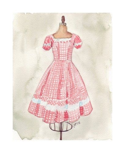 Fashion Drawing of a Pink Gingham Dress Dress On Mannequin, Dress Mannequin, Vintage Fashion 1960s, Pink Gingham Dress, Pucci Vintage, Dress Form Mannequin, Mannequin Dress, Dress Forms, Painting Vintage