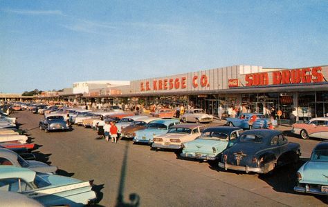 Monroeville Shopping Center, Monroeville, Pa. - Postcards  Parked over at the Incredibly Boring Postcards group.  Printed on the back of this postcard: "The beautiful Monroeville Shopping Center, Monroeville, Penna."   The Monroeville Shopping Center, known today as the Miracle Mile Shopping Center, was situated just a couple of miles away from the location of the later Monroeville Mall, where George Romero filmed his cult horror film Dawn of the Dead. Monroeville Mall, Miracle Mile, Cars Vintage, Shopping Malls, Us Cars, Classic Cars Vintage, Pittsburgh Pa, The Good Old Days, Shopping Center