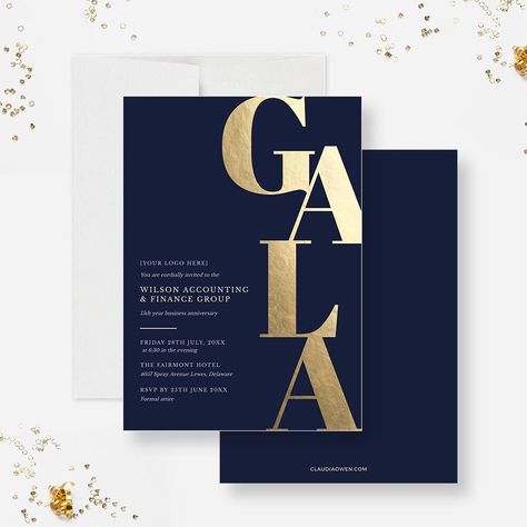 This invitation boasts a sleek and contemporary design, making it ideal for corporate and business events. The typography is bold and attention-grabbing, ensuring that the word "Gala" stands out prominently. The design not only looks professional but also conveys a sense of elegance, perfect for formal events. The card reads: GALA (this text cannot be edited) MATCHING SEThttps://claudiaowen.com/products/gala-event-printable-invite-digital-download-business-fundraiser-sponsorship-template-benefit-dinner-invitation-program-event-flyer-65517741This is a digital invitation that you can edit, save and print. You can also send it by email or text to your guestsYOU CAN EDIT THIS INVITATION IN YOUR BROWSER WITH TEMPLETTNo special software or fonts to download. Edit this template right in your brow Gala Planning, Corporate Invitation Design, Formal Invitations, Gala Invitation, Invitation Examples, Event Programs, Gala Party, Vip Card, Save The Date Designs