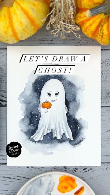 Watercolor Ghost Tutorial, Watercolor Ghost Paintings, Sketching Beginners, Halloween Watercolor Illustration, Watercolour Sketching, Draw A Ghost, Ghost Watercolor, Spooky Watercolor, Ghost Tutorial