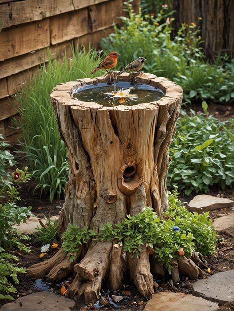 25 DIY Birdbath Ideas – The DIY Desire Backyard Stump Ideas, Plants Around Bird Bath, Bird Bath On Tree Stump, Creative Bird Baths, Diy Memorial Garden Ideas, Tree Stump Bird Bath, Garden Inspiration Rustic, Tree Stump Ideas Outdoor Front Yard, Bird Bath Ideas Landscaping