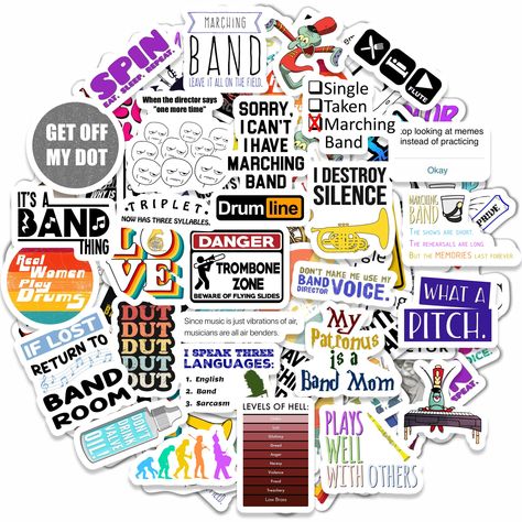 PRICES MAY VARY. 🥁QUALITY – Only high-quality vinyl is used for our stickers. They are durable and scratch proof, don’t fade. Marching band stickers are absolutely waterproof, so they can be used indoor or outdoor for any items that contact water. They are perfect for water bottles and lunch boxes that need to be stored in a fridge. 🎺USABLE STICKER SHEETS - Our sticker pack contains several sheets with colorful stickers. This arrangement is very convenient for use and storage. Stickers can be Marching Band Gifts Senior, Color Guard Funny, Band Puns, Marching Band Gift, Band Pins, Marching Bands, Marching Band Humor, Musician Humor, Funny Day Quotes