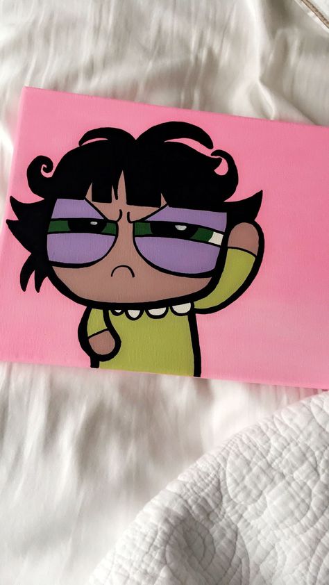 Sleepy Buttercup, 90s Canvas Painting, 90s Painting Ideas, Sacral Energy, Powerpuff Buttercup, 90s Cartoon Canvas Painting, Ceiling Paintings, Pink Canvas Art, Trippy Drawings