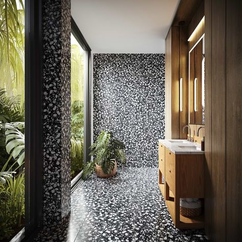 Sample-Terrazzo Italy Sacra Nero 24x24 Tile Black And White Terrazzo Floor, Terrazo Tiles Bathroom, Terrazzo Tiles Bathroom, Terrazo Tile, Black And White Terrazzo, Terrazzo Bathroom, Black Terrazzo, Honed Marble Tiles, Terrazzo Floor