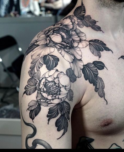 Lotus Flower Tattoo Men Arm, Pelvic Tattoo Hip Men, Plant Chest Tattoo, Shoulder And Neck Tattoo, Floral Tattoo Design Men, Botanical Shoulder Tattoo, Top Of Shoulder Tattoo Men, Flower Tattoo For Men, Tattoo Balance