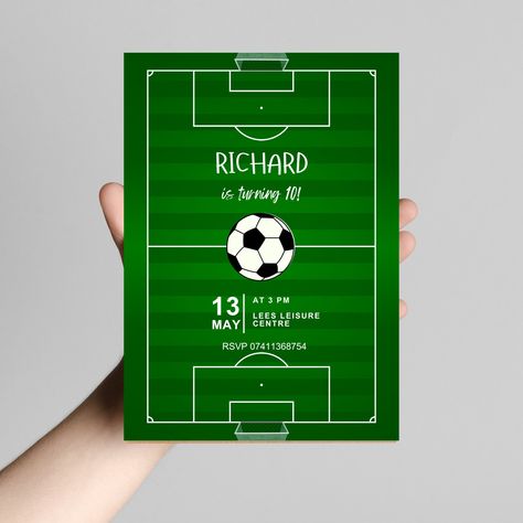 Celebrate your child's birthday with this football and soccer themed kids birthday party invitation! The template is easily customisable and available for instant download. Change the ages, names and party details with ease.  -------------------------------------------------------------------------------------------------------------------------------------------- What is Included ➵ Ready-to-print template featuring a 5x7 inch invitation.  ➵ Easy customisation with the exclusive Canva link - edi Soccer Theme Birthday Party Invitations, Soccer Invitations, Soccer Party Invitations, Football Birthday Party Invitations, Soccer Birthday Invitation, Soccer Birthday Party, Soccer Birthday Parties, Soccer Theme, Football Birthday Party